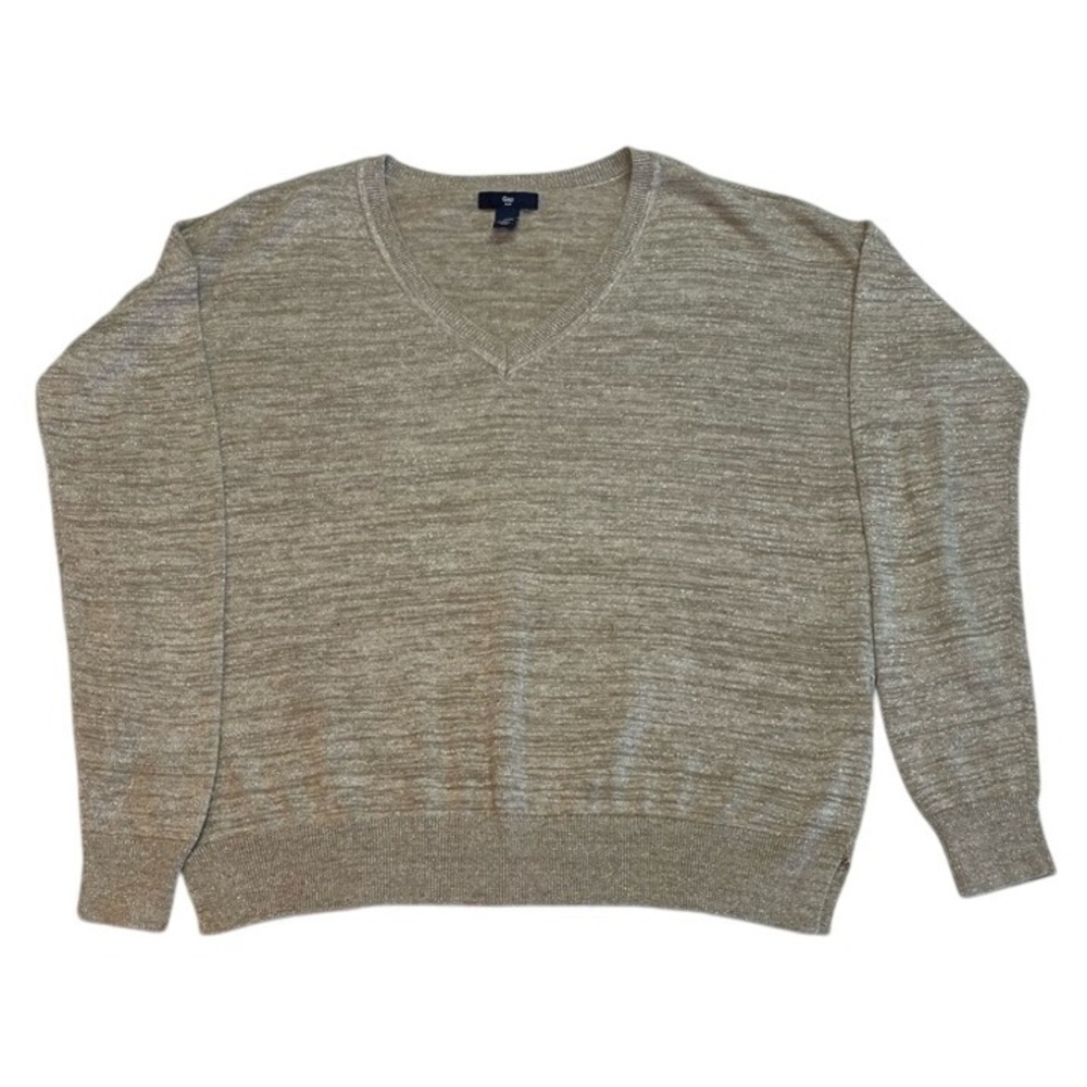 Gap Sweater Womens Small V-Neck Knit Metallic Gold Tan Long Sleeve